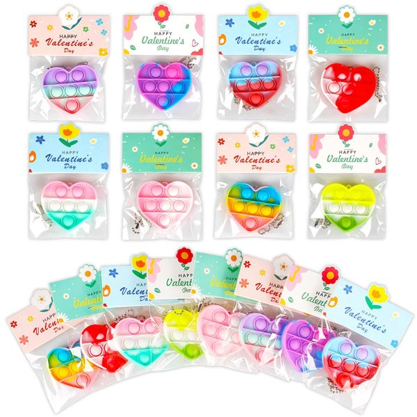 32 Pack Valentine's Day Heart-Shaped Pop Fidget Toys for Kids, Classroom Bulk Gifts with Keychains & Cards, Perfect for School Party & Class Exchanges