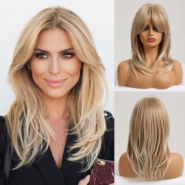 BERON Blonde Women Wigs Long Wig with Bangs 18 Inches Ombre Synthetic Layered Wigs for Daily Used Wigs Wig Cap Included