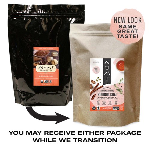 Numi Organic Rooibos Chai Tea, 16 Ounce Pouch, Loose Leaf Herbal Tea, Brews 200 Cups, Caffeine Free (Packaging May Vary)