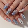 DANMANR Blue Fake Nails Medium Press on Almond Nails Butterfly Full Cover Acrylic Gradient Fake Nails for Women and Girls 24PCS
