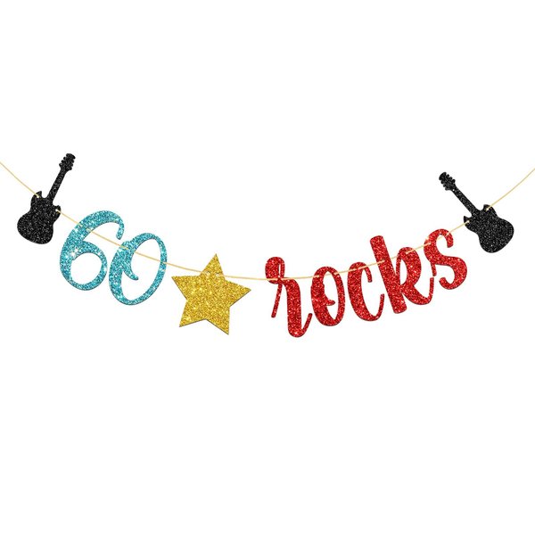 WeBenison 60 Rocks Birthday Banner Rock and Roll Music Theme 60th Birthday Banner / 60's Rock Guitar Birthday Party Decorations Glitter (60)