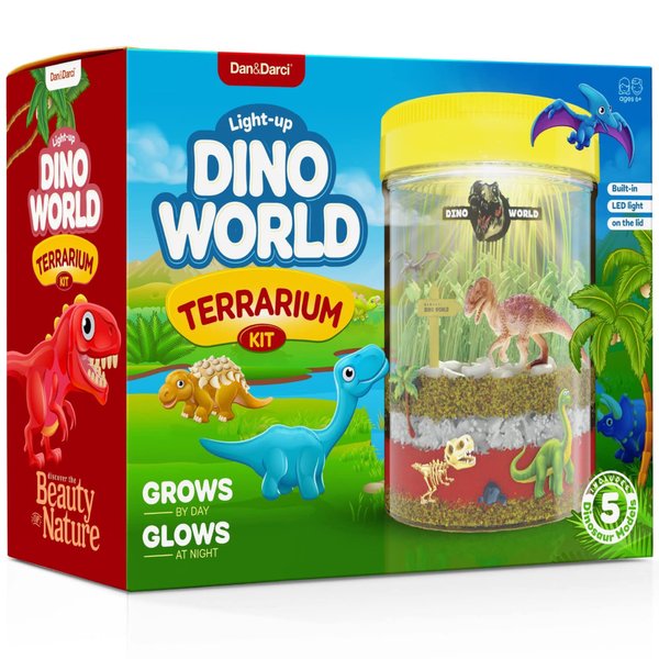 Dino World Terrarium Kit for Kids - LED Light in Lid Dinosaur Easter Toys for Boys &, Girls Age 3, 4, 5, 6, 7, 8+ Year Old Boy Gifts - Toy Dinosaurs Garden - STEM Science Gardening Kits