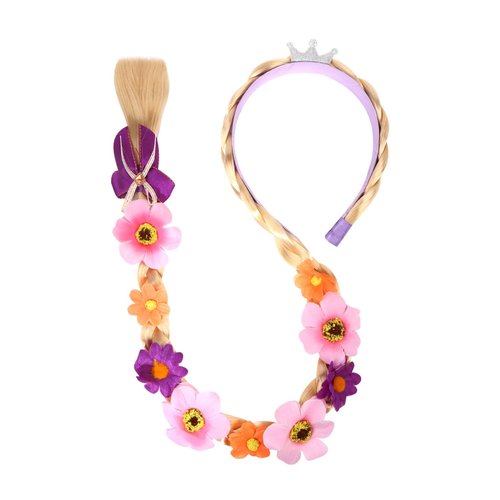 YISSION Princess Dess up Wigs Headband for Girls Long Braided Wig Headband with Purple Pink Flowers Costume Accessories Cosplay Birthday Party Hair Decorations