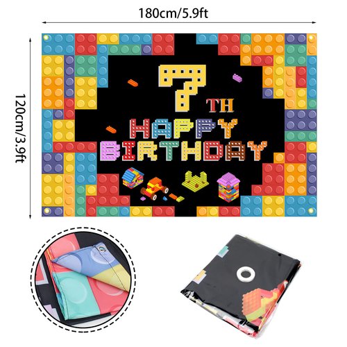Building Blocks 7th Birthday Banner Backdrop Colorful Build blocks Theme Background Seven Years Old Happy Bday Decorations for Boys Girls Kids Photography Party Sign Sing Decor Supplies