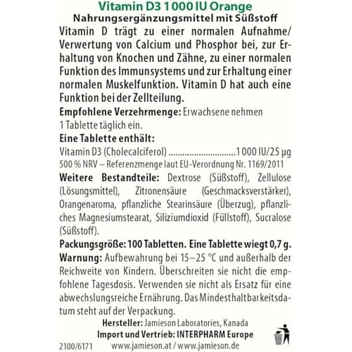 Jamieson Natural Tangy Orange Chewable Vitamin D 1000IU 100 tablets