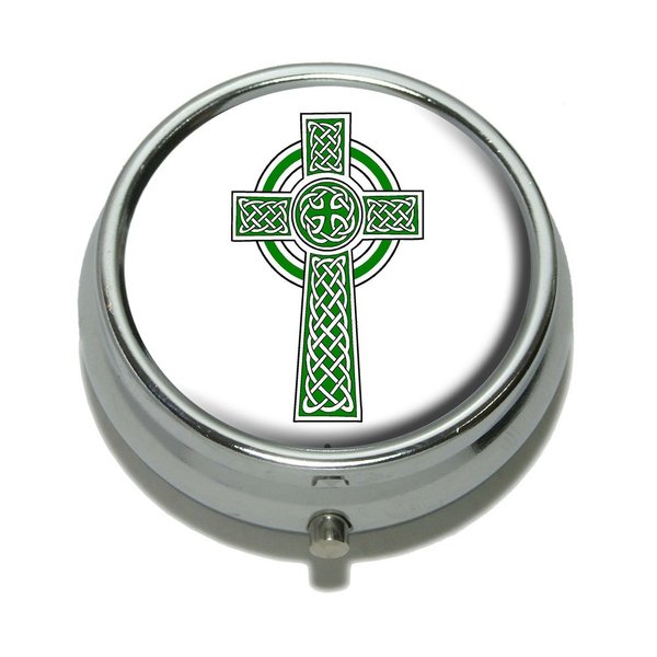 Celtic Christian Cross - Irish Ireland Scotland Scottish - Green White Pill Case Trinket Gift Box