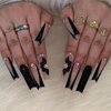MISUD Press on Nails Long Square Fake Nails Glossy Glue on Nails Bling Black Glitter French Tip Acrylic Nails Flower Rhinestone Artificial Nails Squoval False Nails with Design 24 pcs