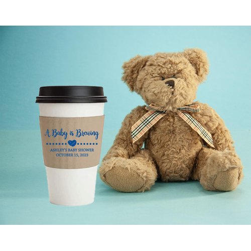 Personalized Baby Shower “A Baby is Brewing” for Coffee or Hot Chocolate Cup Sleeves, Kraft Paper Cup Sleeves, Eco-Friendly Disposable Corrugated Hot Drink Holders for 12-20oz Cups