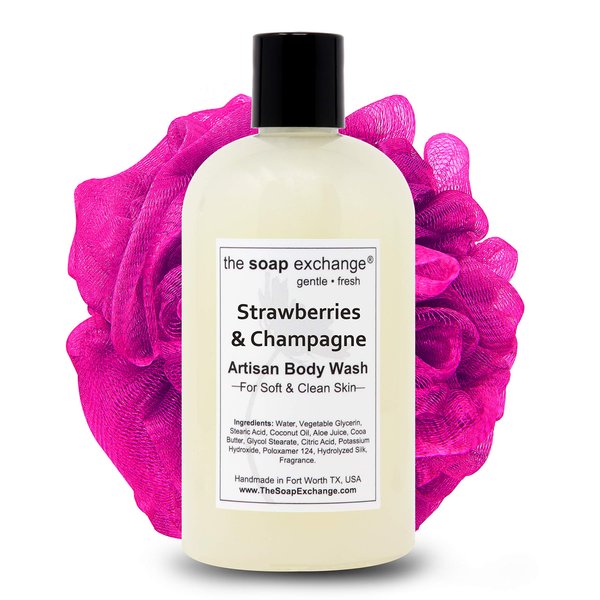 The Soap Exchange Body Wash - Strawberries & Champagne Scent - Hand Crafted 12 fl oz / 354 ml Natural Artisan Liquid Soap for Hand, Face & Body, Shower Gel, Cleanse, Moisturize, Protect.