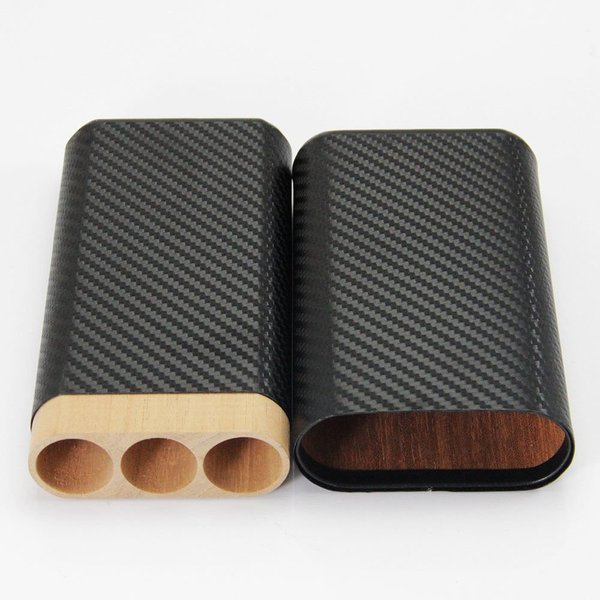 Cigar In Style Carbon Fiber Leather 3 Tube Wooden Cigar Case/Holder Travel Humidor