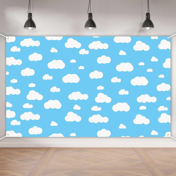 Aperturee Blue Sky White Cloud Banner 70.8 x 43.3 Inch Cartoon Story Natural Landscape Scenery Cute Cloud Design for Baby Showers Nursery Decor and Kids' Birthday Parties