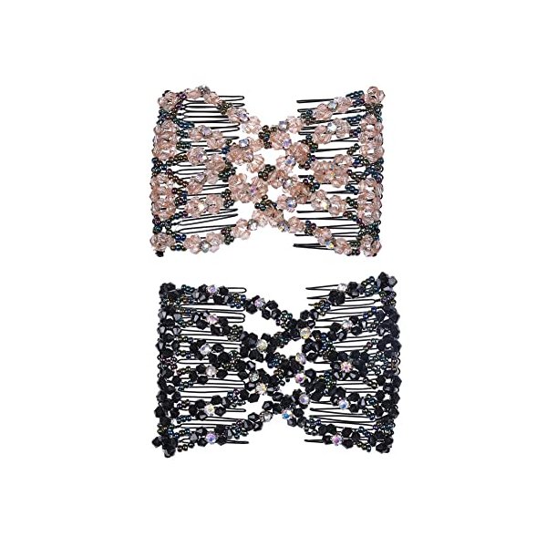 LOVEF 2Pcs Glass Bead Magic Hair Comb Elastic Double Insert Clips Chic Stretch Hair Head Comb Random