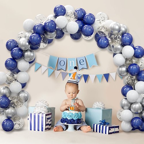 OuMuaMua 62pcs Silver Navy Blue Balloons Kit - 12 Inches Silver Blue Party Decoration Balloons for Baby Shower Birthday Wedding Party Decorations Supplies