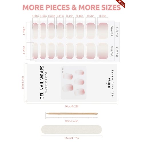 EBANKU 32PCS Cured Gel Nail Strips Real Nail Polish Strips Wraps Long-Lasting Waterproof Gel Nail Polish Wraps Full Wrap Gel Nail Art Stickers UV/LED Lamp Required (Gradient Pink White)