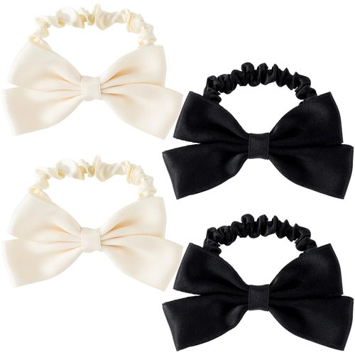 PAGOW 4 Pcs Bow Elastic Hair Ties, Sweet Bowknot Scrunchies, Satin Elastic Hair Bands, Cute Hair Accessories for Women Girls, Ponytail Holder Hair Ties for Thick Thin Hair (Black, White)