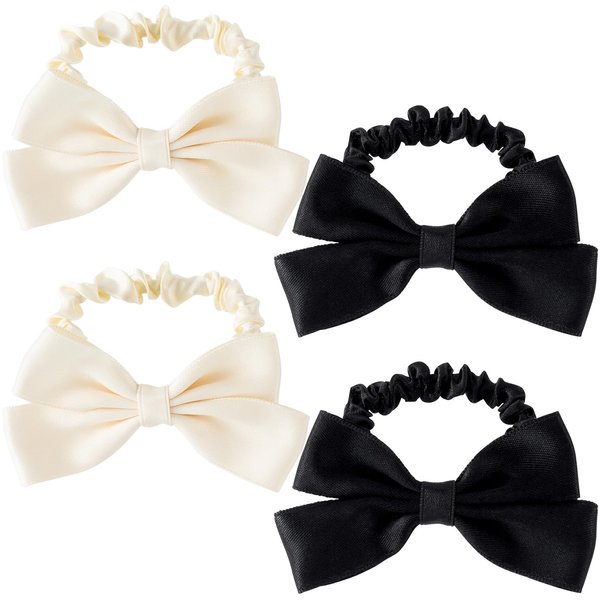 PAGOW 4 Pcs Bow Elastic Hair Ties, Sweet Bowknot Scrunchies, Satin Elastic Hair Bands, Cute Hair Accessories for Women Girls, Ponytail Holder Hair Ties for Thick Thin Hair (Black, White)
