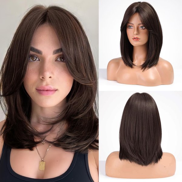 ALANHAIR Dark Brown Wigs for Women Brown Wig with Curtain Bangs Shoulder Length Natural Synthetic Wig for Daily Use