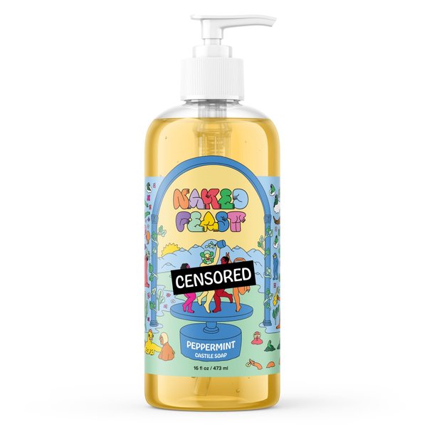 Naked Feast Peppermint Soap, Pure Castile Soap Liquid, Olive Oil Based, Organic, Vegan, Natural Bath Body Wash and Hand Soap Gel Cleaner - 16 oz