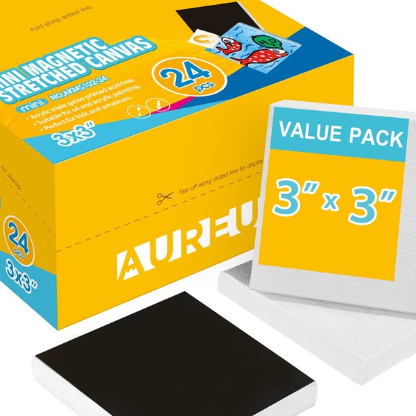 AUREUO Mini Magnetic Stretched Canvas 3x3 Inch / 24 Pack - Small Square Wrapped Canvas Board with Magnet Back, Art Gift Set for Kids, Tiny Framed Bulk Pack Canvases for Acrylic Painting & Craft