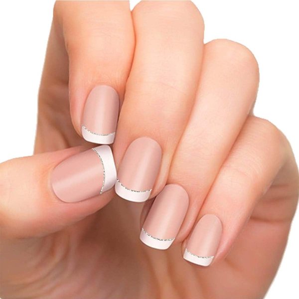 Semi Cured Gel Nail Strips French Nail Tips UV Gel Nail Stickers - Long Lasting Silver Glitter Gel Nail Stickers 20 Pieces Nail Polish Strips Works with UV Nail Lamp Easy Application & Removal