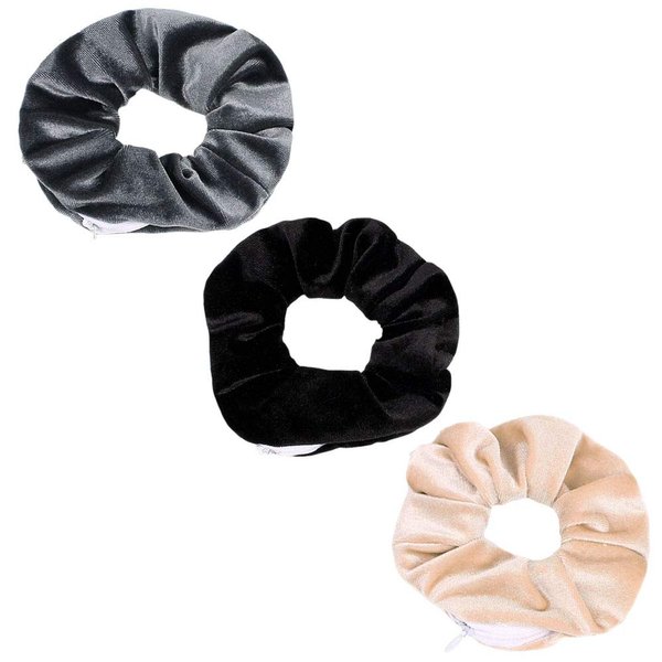 BSEKT Zipper Scrunchies, Pocket Scrunchie, SECRET & HIDDEN, Velvet Hair Ties Bracelet, Compatible with Apple AirPods 2 & 1, Key Money Chapstick Storage Bag, Elastics Hair Band (Grey Black Beige)