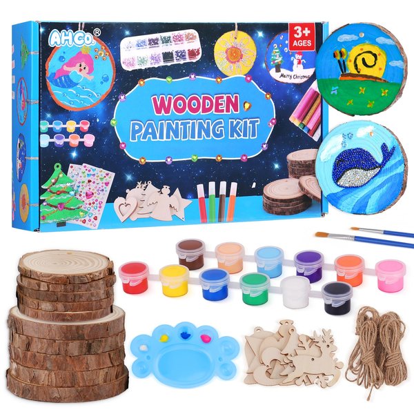 AHCo. Kids Wooden Painting Kit, Crafts for Girls Boys Ages 5-12, Creative Art Gifts for 5 6 7 8 9 10 11 12 Year Old Kids, Wood Slice Craft Activities Kits