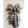 Rustic Farmhouse Black Tan Check, Christmas Wreath Bows, Tan Black Check Everyday Wreath Bow, Black beige Check Accent Christmas Bow, Burlap Black Cream Plaid Swag Bow