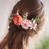 Fangsen Boho Rose Rose Flower Yellow Chamomile Little Sunflower Eucalyptus Leaves Lover Grass Hair Comb Bridal Headpiece Floral Hair Accessories for Brides and Bridesmaids Silver (Coral Red)