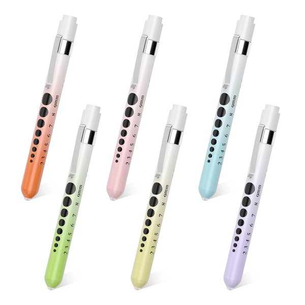 LITURTOO Pen Lights for Nurses, 6 Pcs Gradient Color Reusable Medical Light with Pupil Gauge and Ruler, White Light LED Penlight for Student Doctors EMT