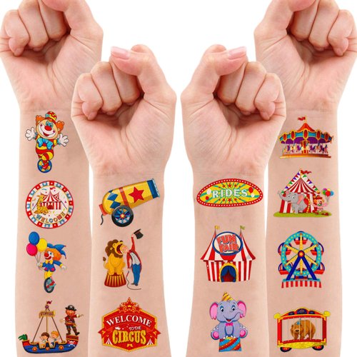 96PCS Carnival Circus Colorful Animals Temporary Tattoos Theme Birthday Party Decorations Supplies Favors Decor Cute Ticket Booth Clown Tattoo Stickers Gifts For Games Kids Boys Girls Prizes Christmas