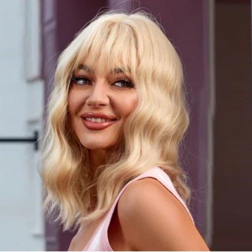 Nicene Curly Short Wavy Bob Mix Blonde Wig With Bangs for Women Shoulder Length Colorful Cosplay Synthetic Wigs(14" Golden Blonde)
