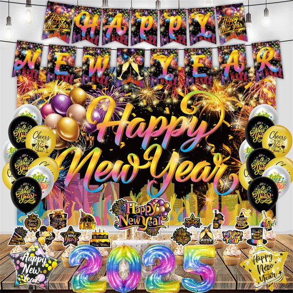 2025 Happy New Years Decorations Set New Years Eve Party Supplies Includes 2025 Foil Balloons, New Years Star Foil Balloons, Happy New Year Banner and Backdrop Banner, Cupcake Toppers and Cake Topper