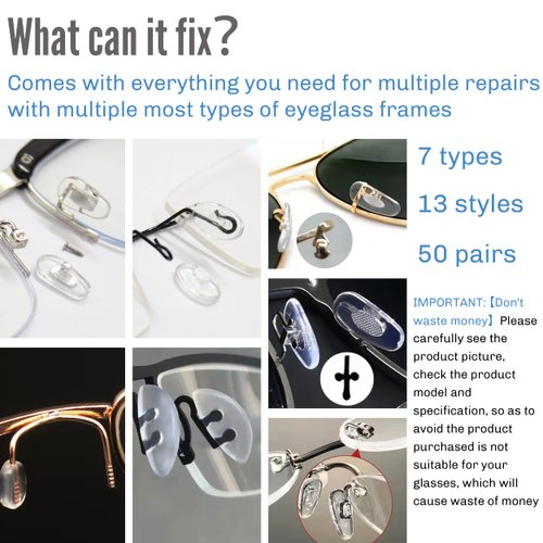 mingbuy Eyeglass Nose Pads Eyeglass Repair Kits with Screwdriver for Glasses Sunglasses 100 Pcs 50 Pairs 13 Style Upgrade Version Soft Comfortable(100)