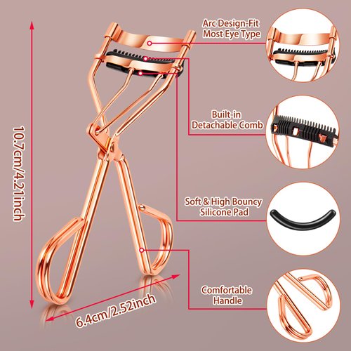Arroyner 4Pcs Eyelash Curlers with Comb, Rose Gold Beauty Eyelashes Curlers with Built in Comb, Lash Curler Makeup Tool for Women and Girls