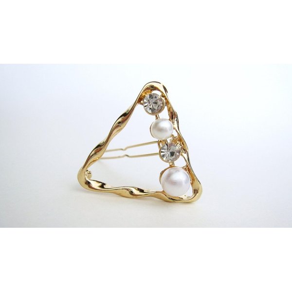 Smaller wavy gold triangle pearl and crystal hair pin clip barrette for fine