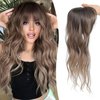 Fine Plus Mini Hair Topper Clip in Bangs 360° Cover Curly Bangs Hair Clip Fake Bangs Synthetic Wavy Hair Toppers for Women French Clip in Hair Extensions for Daily Wear(Rich Brown with Dark Root)