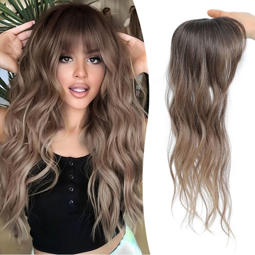 Fine Plus Mini Hair Topper Clip in Bangs 360° Cover Curly Bangs Hair Clip Fake Bangs Synthetic Wavy Hair Toppers for Women French Clip in Hair Extensions for Daily Wear(Rich Brown with Dark Root)