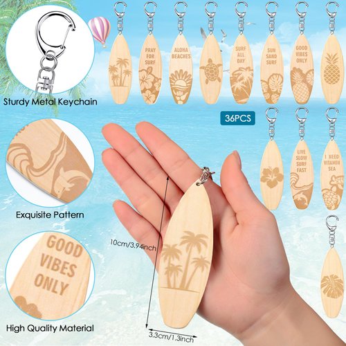 Bucherry 36 Pcs Beach Favors Keychain Gifts Set Wooden Bulk Surfboard Slippers Sea Turtle Coconut Tree Bible Keychains for Beach Hawaiian Florida Bahamas Souvenirs Luau Party Favors (Ocean Style)