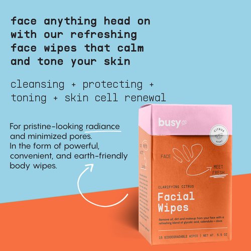 Refresh Line Facial Wipes - Clarifying Cleaning Wipes, Fresh Citrus Moist Towelettes Individually Wrapped - Natural Wipes & Face Wash Cloth for Facial Cleansing w AHA/BHA, Clover & Calendula, 15ct