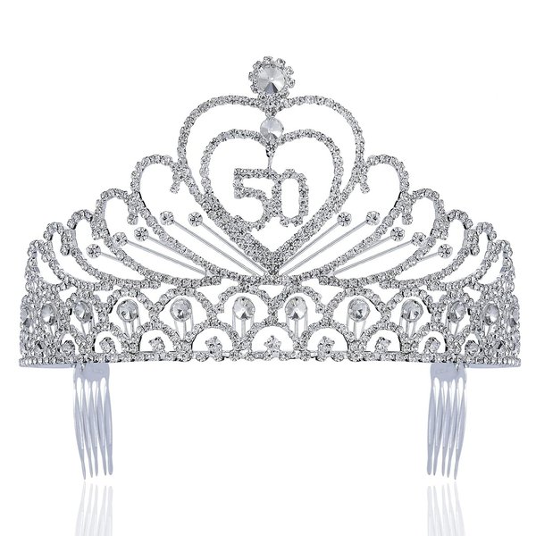 50-Year-Old Fifty Years Old Number 50 Birthday Party Austrian Rhinestone Crystal Tiara Crown With Hair Combs Cake Topper Queen Jewelry T803 Silver