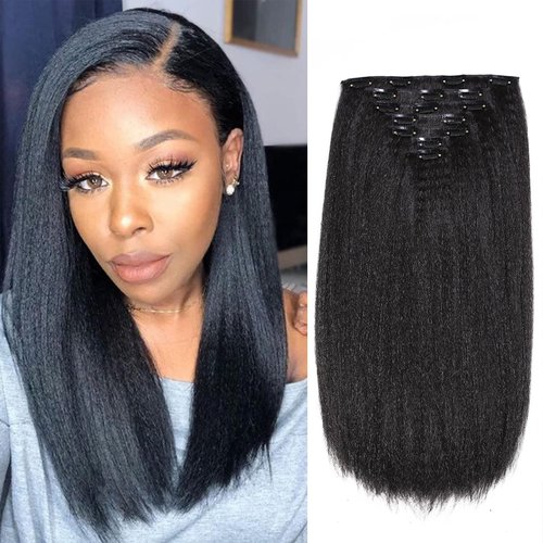 Yargel Hair 16 Inch Kinky Straight Clip in Hair Extensions for Black Women Yaki Straight Clip ins Full Head Seamless Synthetic Hair Pieces(2 pack)