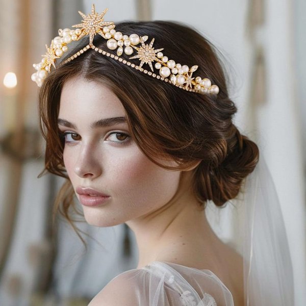 Fashey Star Wedding Headbands Gold Bride Headband Pearl Headpieces Rhinestone Bridal Hair Accessories for Women