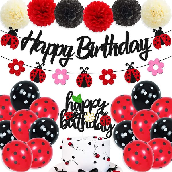 Ladybug Birthday Decorations Ladybird Banner Cake Topper Balloons Happy Birthday Garland Party Decor for Boys Girls Men Women Ladybug Bday Baby Shower Party Celebration Supplies