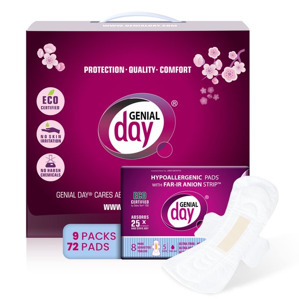 Hypoallergenic Heavy Flow Pads with FAR-IR Anion Strip, Super Absorbent, Breathable, Vegan and Eco-Certified, Ultra Thin with Wings, Count 72 (Heavy)