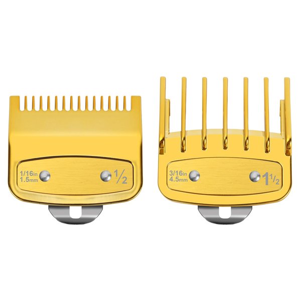 Flymony 2 Professional Hair Clipper Guards Cutting Guides Fits for Most Wahl Clippers, Premium Clipper Attachment Replacement - Guard Number: #1/2, 1 1/2 (Length: 1/16 inch and 3/16 inch), Gold