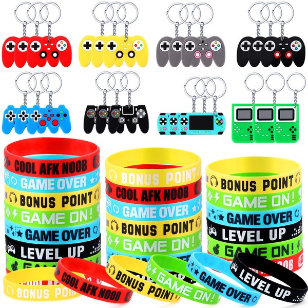 Aoriher 48 Pieces Video Game Party Favors Game Party Rubber Bracelets Wristbands Game Controller Keychains Game Party Goodie Bag Fillers Pinata Stuffers Gamer Birthday Supplies for Boys Girls