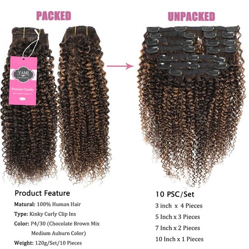 YAMI Kinky Curly Clip in Hair Extensions Human Hair for Black Women Kinky Curly Hair 10Pcs Clips Triple Weft Human Hair 3C 4A Curly Clip in Extensions 120g Kinky Curly Clip Ins (P4/30,14 inch)