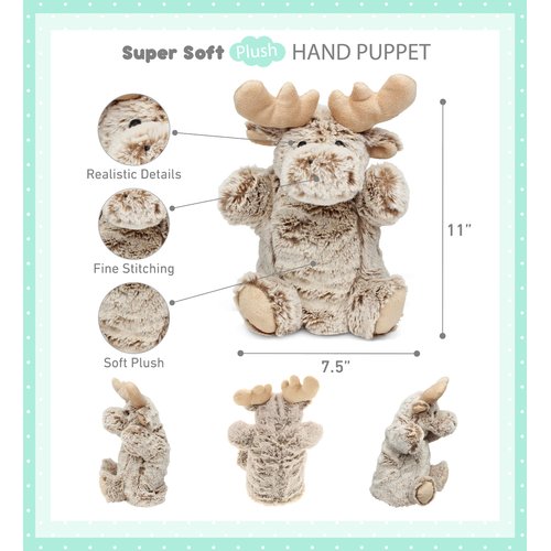 DolliBu Moose Plush Hand Puppet For Kids - Soft Plush Stuffed Animal Hand Puppet Toy for Puppet Show Games & Puppet Theaters for Kids, Adult's Cute Puppets Educational Toy to Teach Children & Toddlers