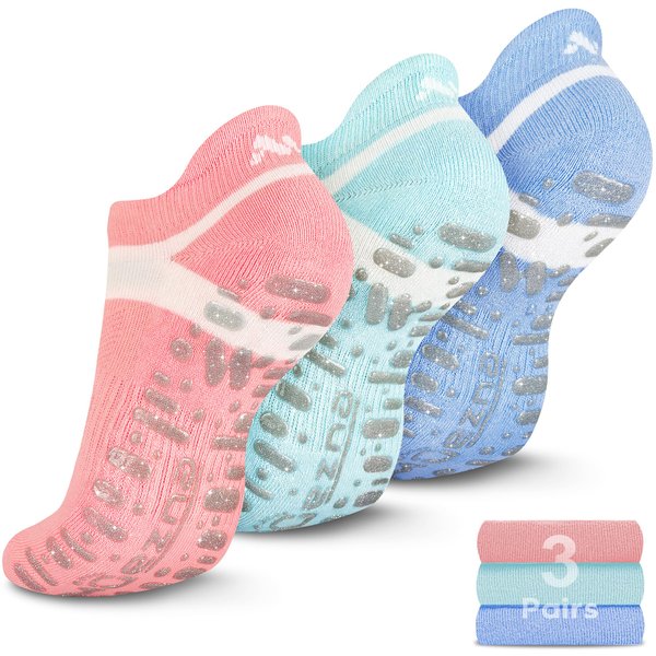 Muezna Non Slip Yoga Socks for Women, Anti-Skid Pilates, Barre, Bikram Fitness Socks with Grips, Size 5-10 (3 Pack: (L.Green/L.Blue/Pink)+Silver Grips)