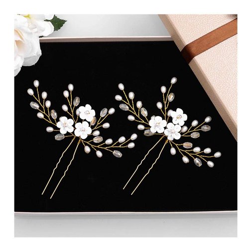 Yokawe Bridal Wedding Hair Pins Gold Crystal Bride Hairpin Pearl and Flower Hair Accessorise （2 pieces）